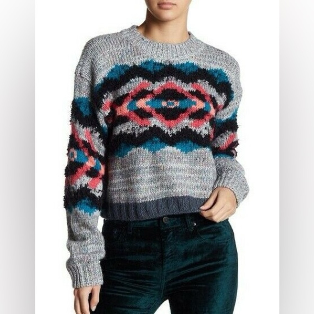 Free People Heart You Gray Sweater with Pink and Blue Accents Cropped Large Knit